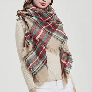 Plaid Blanket Scarf Red Tan Picnic Frayed Hem Oversized Wrap Scarf NWT